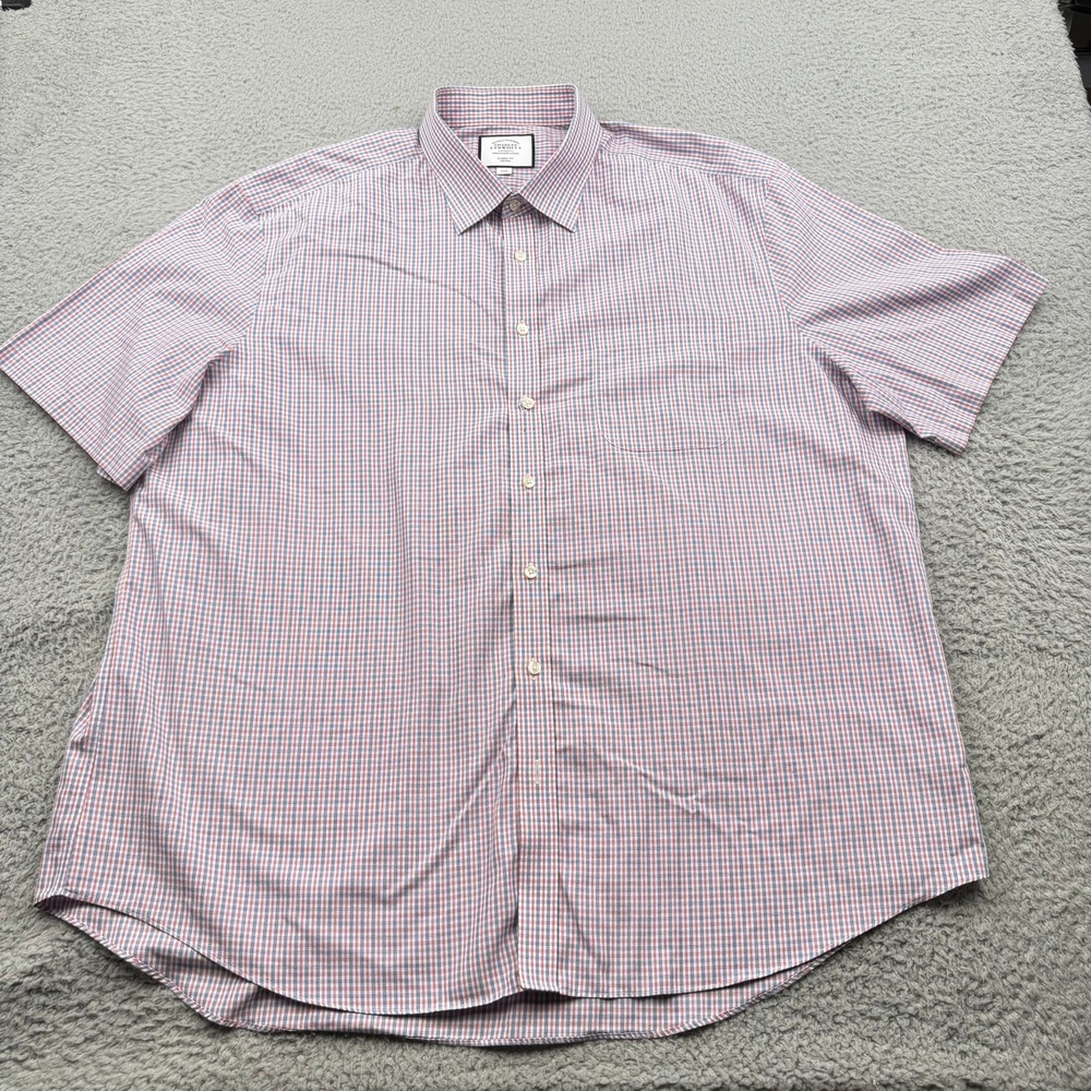 Charles Tyrwhitt Shirt Mens 19/48 Red Blue Check Non-Iron Short Sleeve Button Up